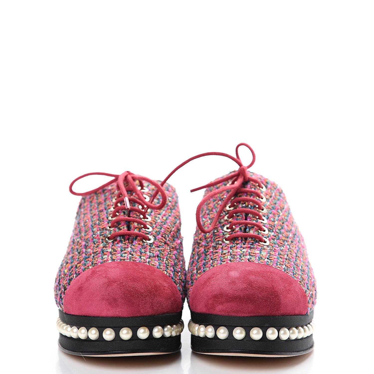 Chanel Tweed Calfskin Pearl Lace Up Sneakers 38 Fuchsia Orange Green Red 2 of 9