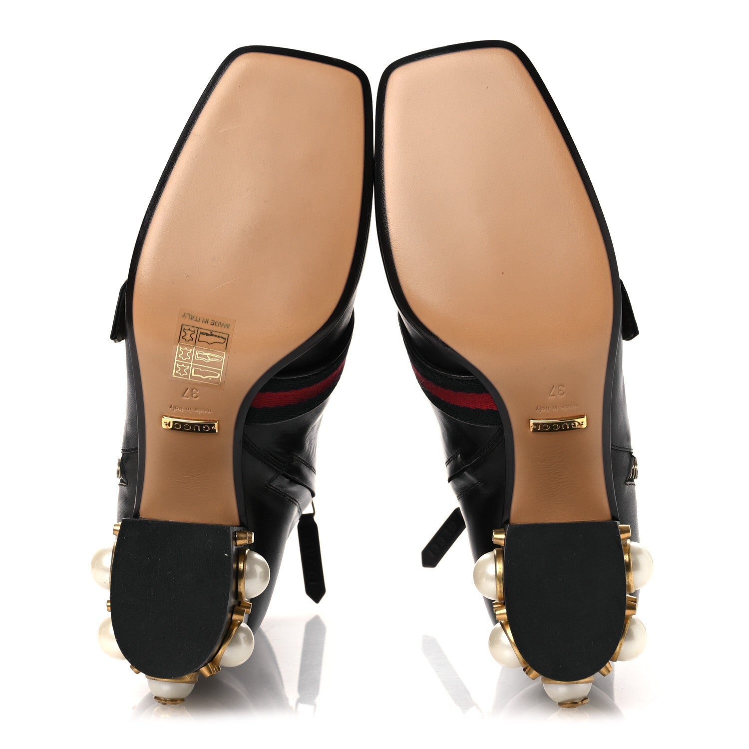 Gucci Betis Glamour Calfskin Web Pearl Embellished Peyton 75mm Ankle Boots 37 Black 7 of 12