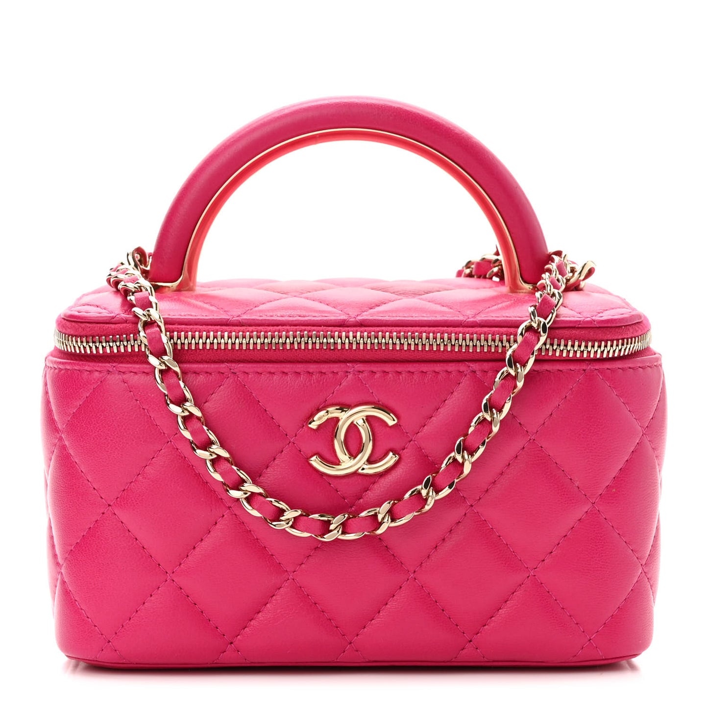 Lambskin Quilted Small Top Handle Vanity Case With Chain Dark Pink