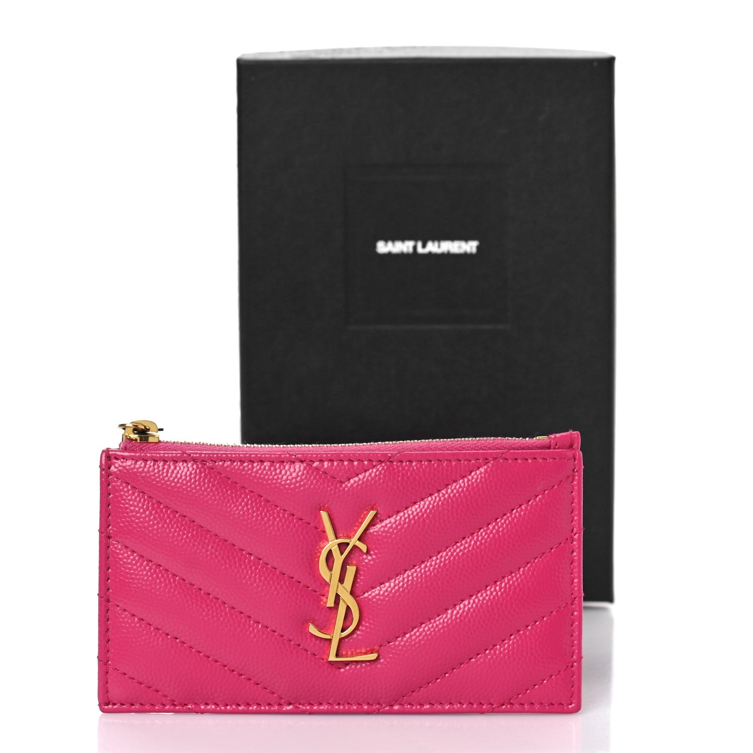 Saint Laurent Grain De Poudre Matelasse Chevron Monogram Fragments Zippered Card Case Fuxia 9 of 9
