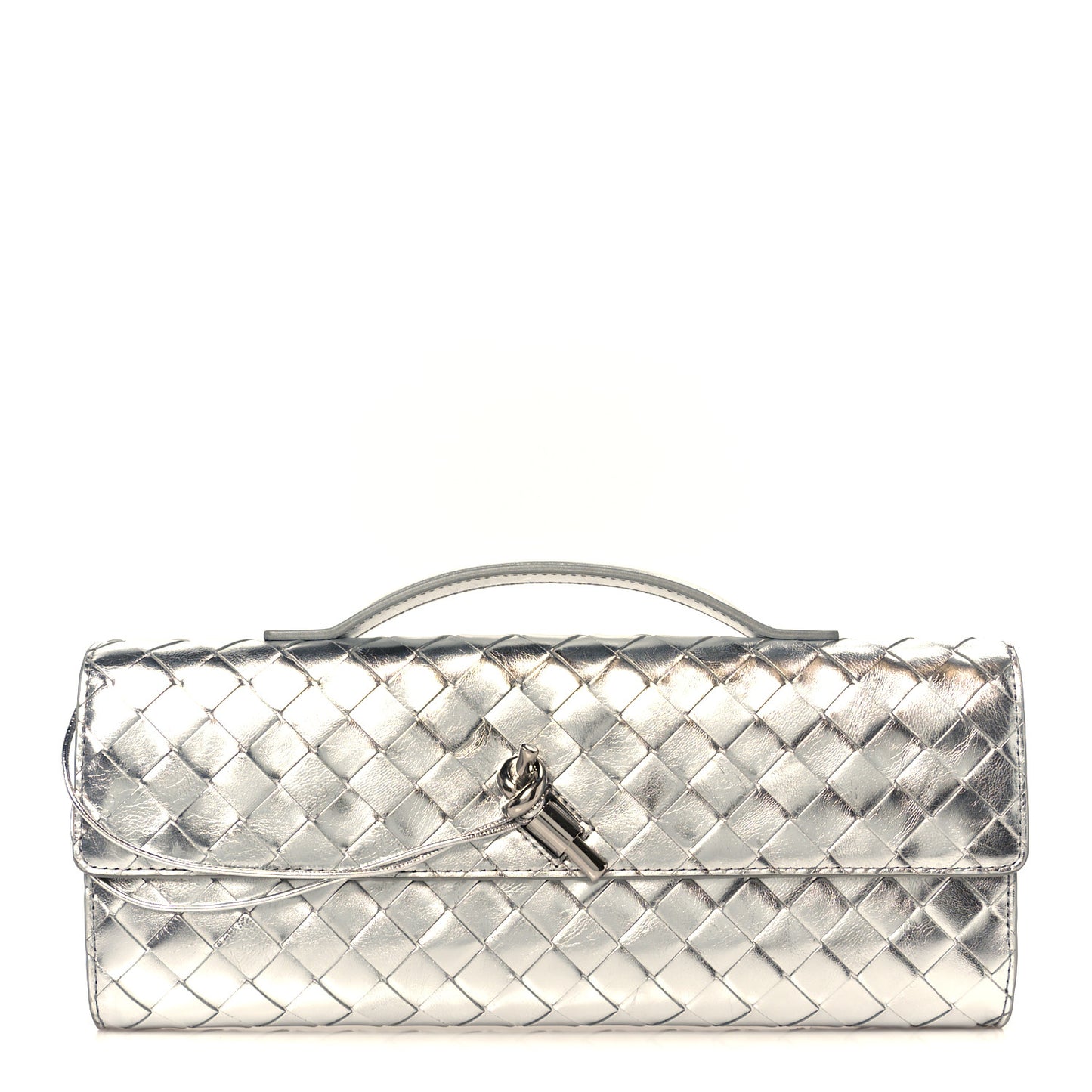 Metallic Lambskin Intrecciato Long Andiamo Top Handle Clutch Silver