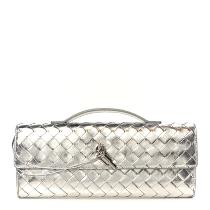 Bottega Veneta Metallic Lambskin Intrecciato Long Andiamo Top Handle Clutch Silver 1 of 10