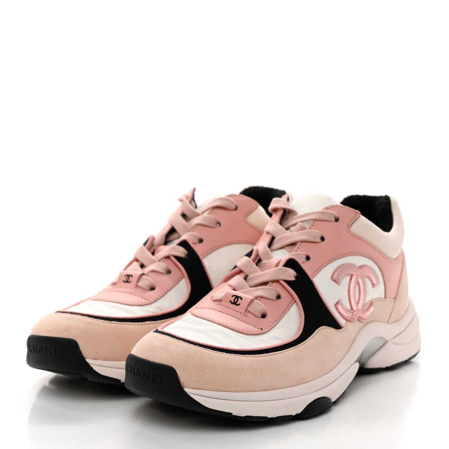 Nylon Lambskin Suede Calfskin CC Sneakers 38 Pink White Black