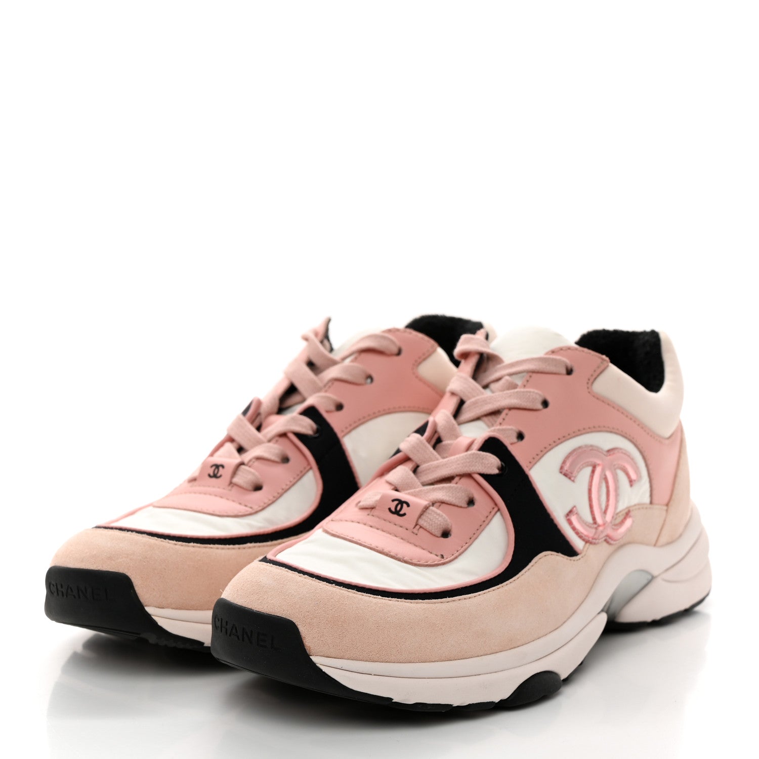 Chanel Nylon Lambskin Suede Calfskin CC Sneakers 38 Pink White Black 3 of 9