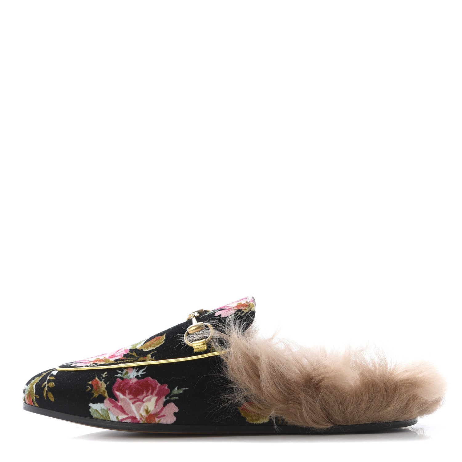 Gucci Velvet Fur Floral Womens Princetown Slippers 36 Black 1 of 8