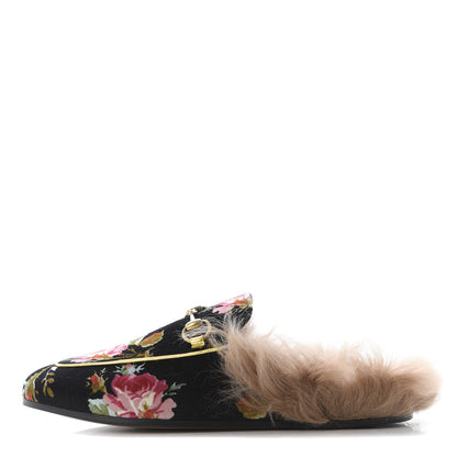 Gucci Velvet Fur Floral Womens Princetown Slippers 36 Black 1 of 8