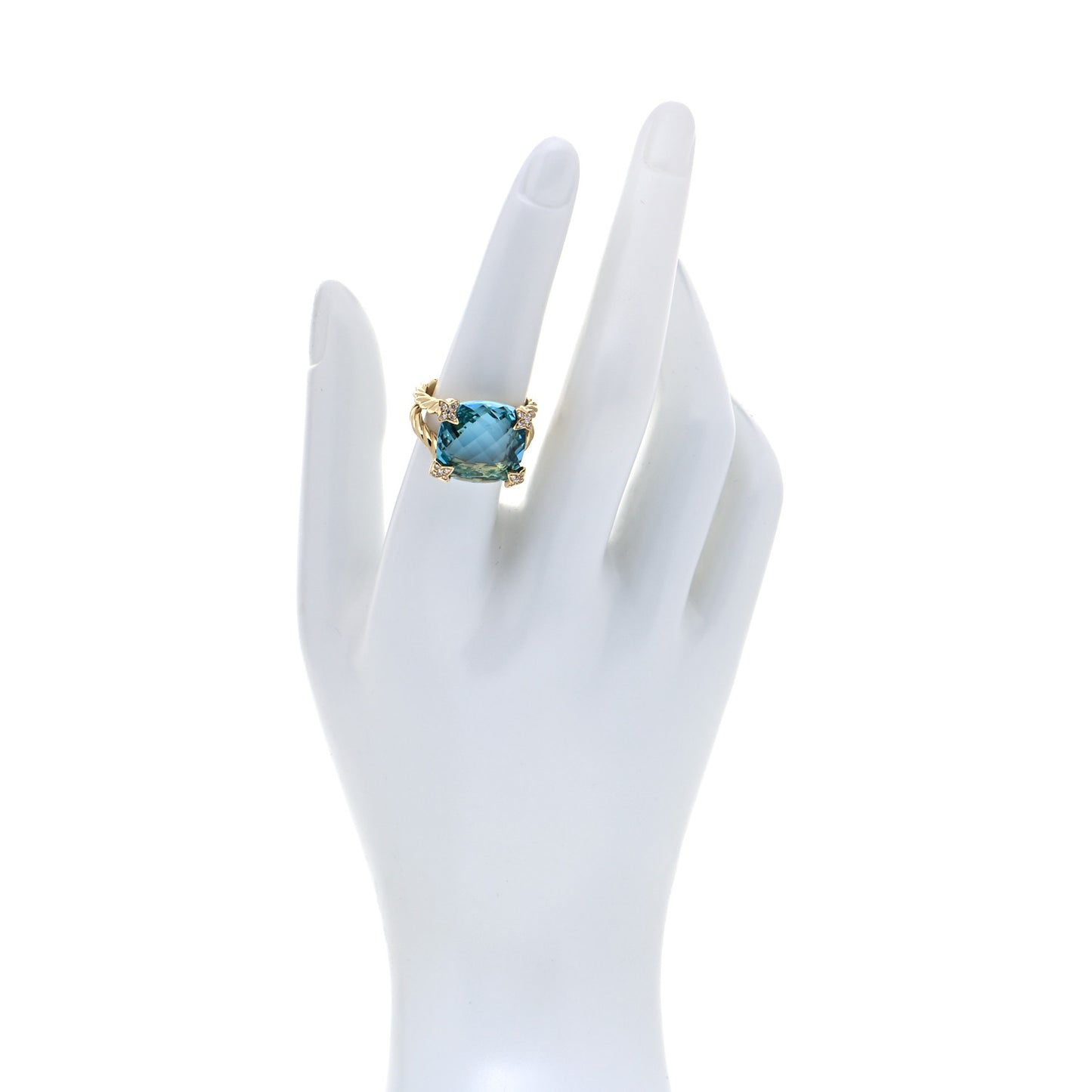 18K Yellow Gold Diamond Blue Topaz 15mm Cushion On Point Ring 54 7