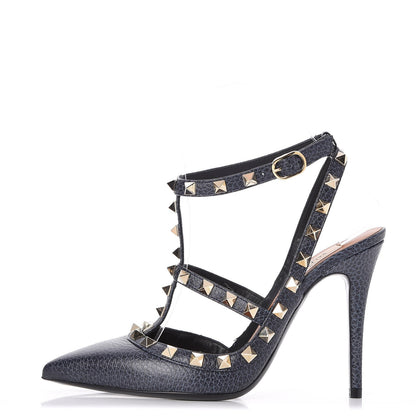 Valentino Garavani Pebbled Calfskin Rockstud Ankle Strap 100mm Pumps 36 Deep Denim 1 of 8