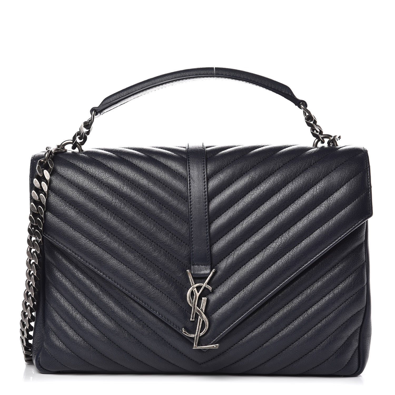 Saint Laurent Sheepskin Matelasse Chevron Monogram Large College Satchel Deep Marine 1 of 10