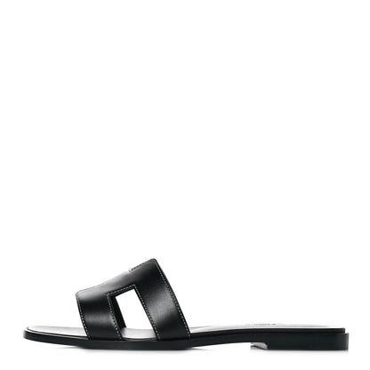 Hermes Box Calfskin Oran Sandals 37.5 Black 1 of 10