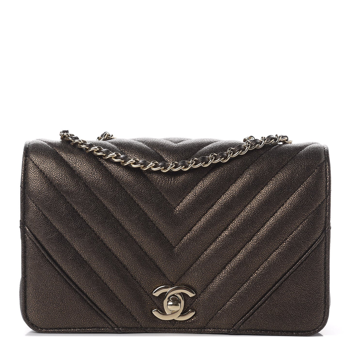 Metallic Caviar Chevron Quilted Mini Statement Flap Bronze