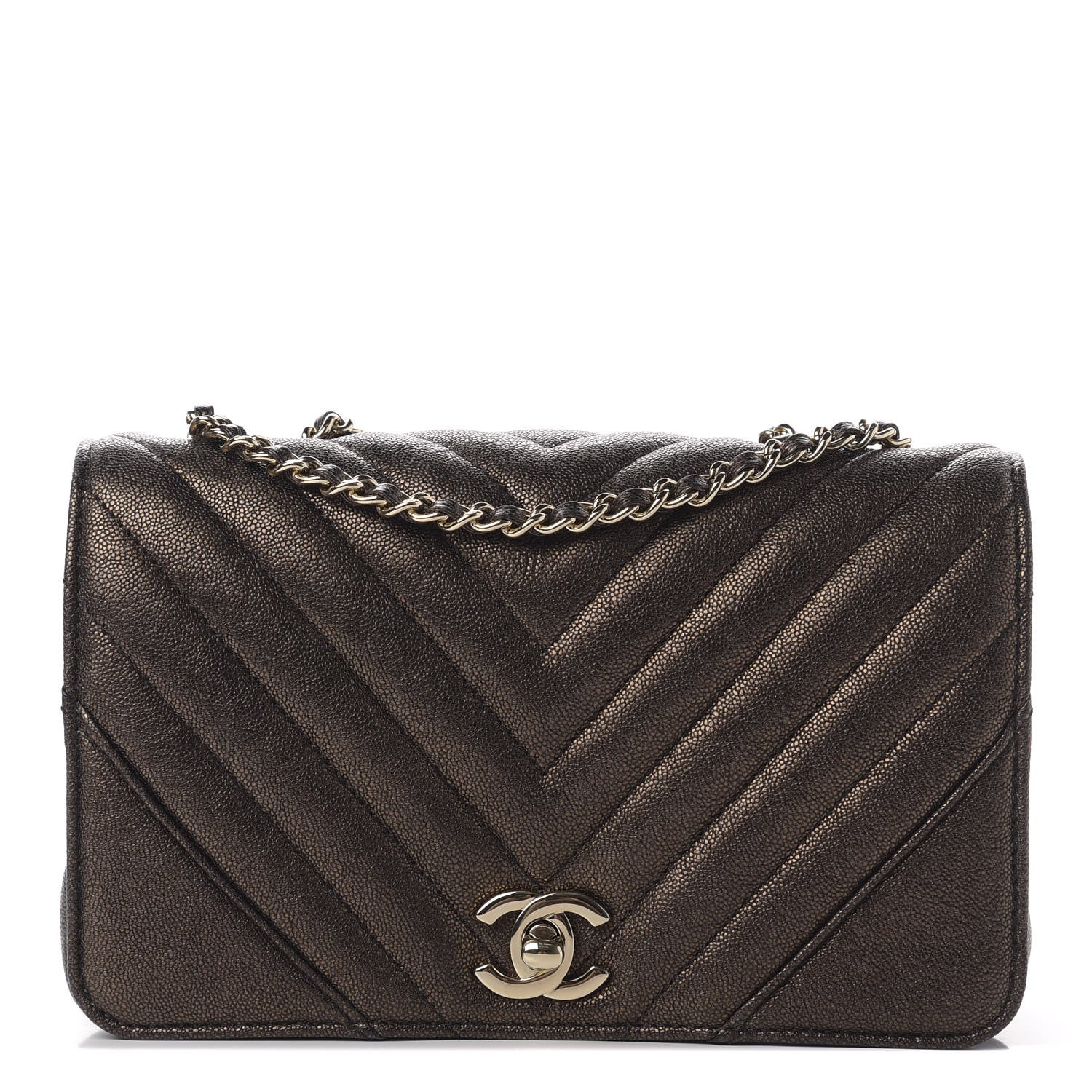 Chanel Metallic Caviar Chevron Quilted Mini Statement Flap Bronze 1 of 13