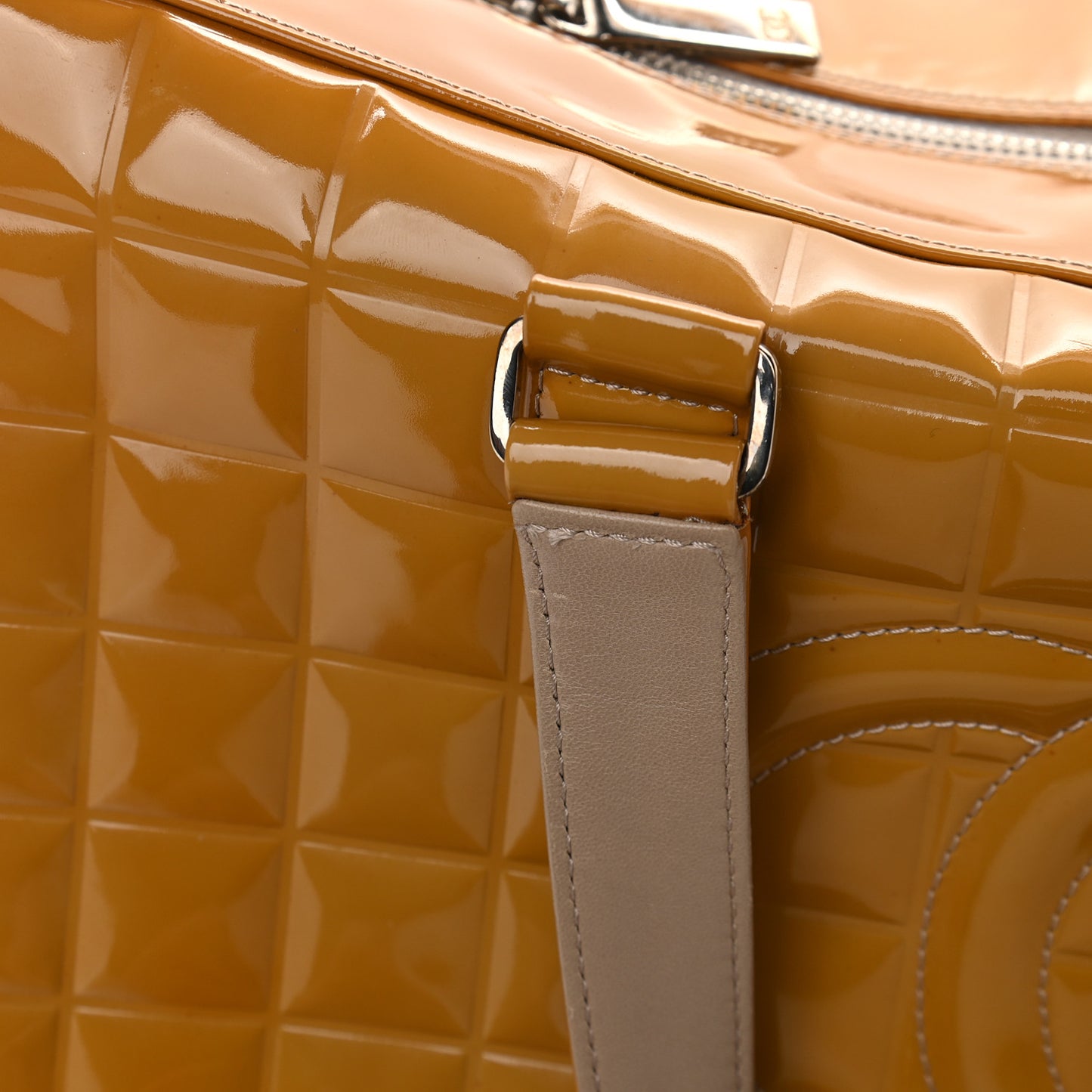 Patent Quilted Chocolate Bar Bowler Beige