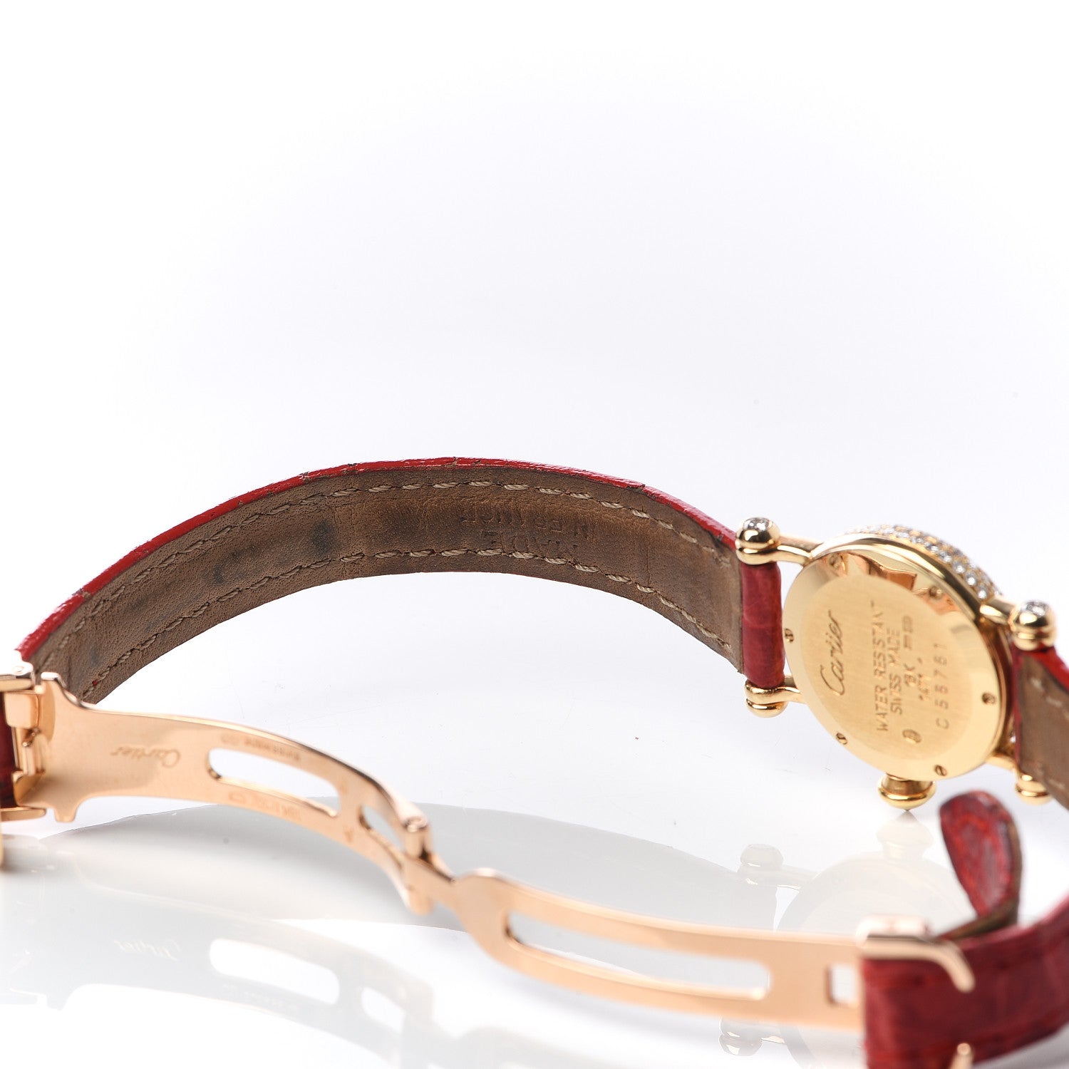 Cartier 18K Yellow Gold Alligator Diamond Bezel 20mm Diabolo Quartz Watch Red 9 of 10