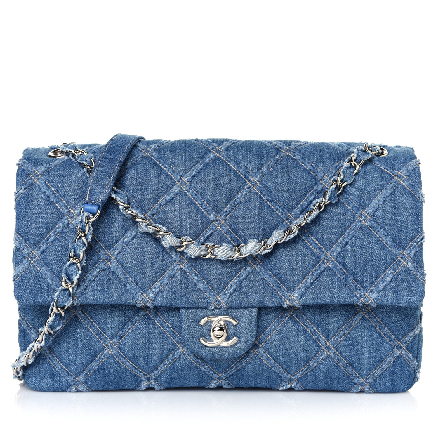 Chanel Frayed Denim Quilted Large Blue Chip Flap Blue 1 of 16