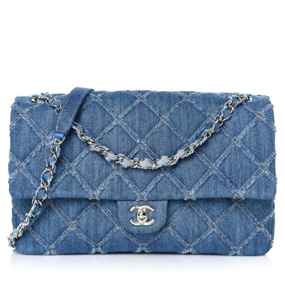 Chanel Frayed Denim Quilted Large Blue Chip Flap Blue 1 of 16