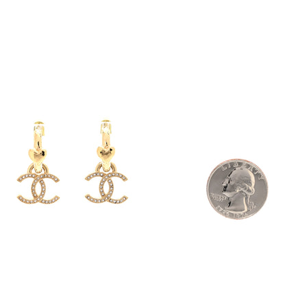 Chanel Metal Crystal CC Heart Drop Hoop Earrings Gold 2 of 5