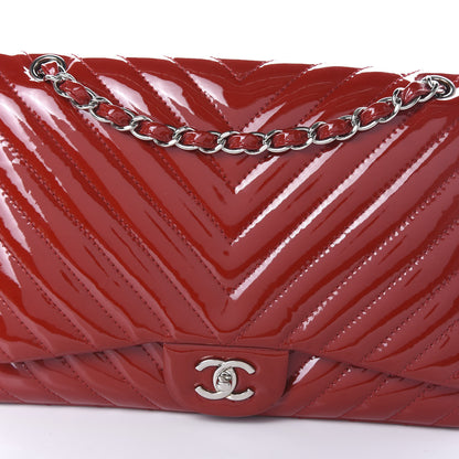 Chanel Patent Chevron Quilted Jumbo Single Flap Red 9 of 10