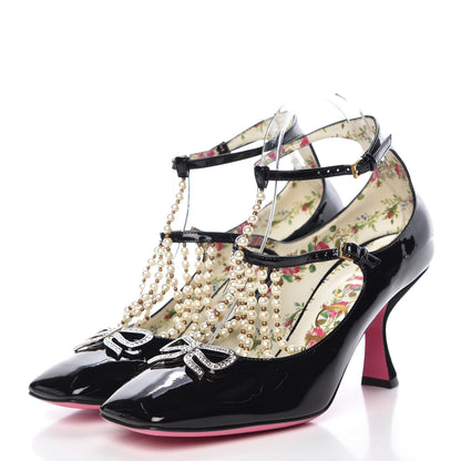 Gucci Patent Pearl Taide T-Strap Mid Heel Pumps 38 Black 3 of 9