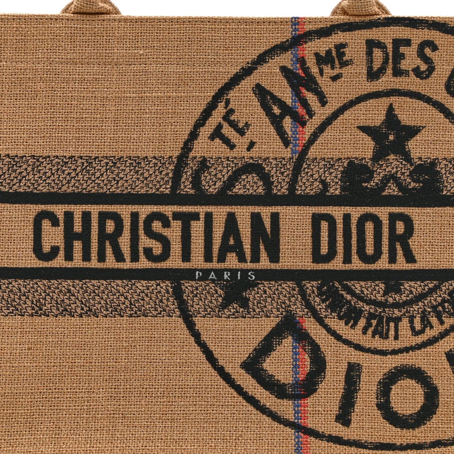 Canvas Jute Embroidered Medium Book Tote Black Beige