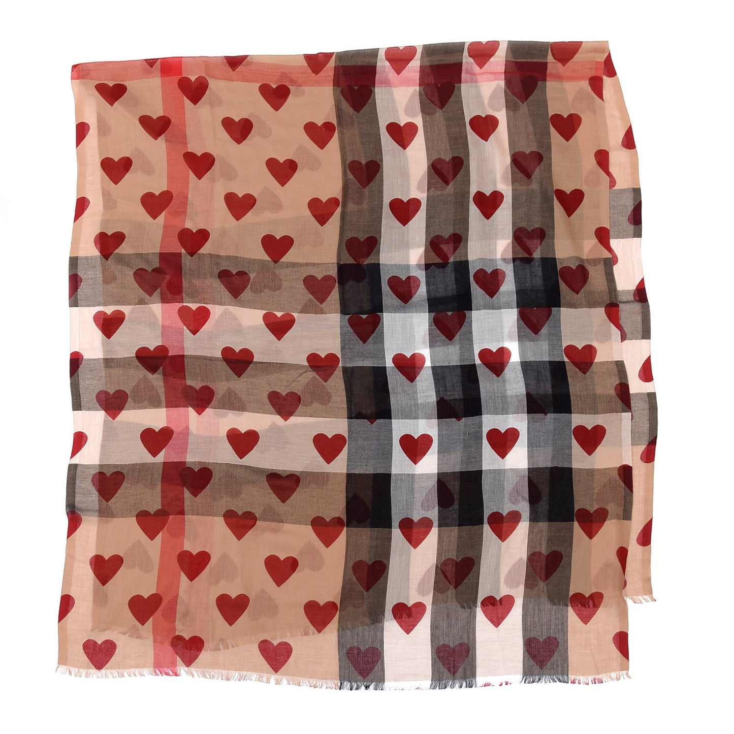 Modal Cashmere Silk Check Heart Print Lightweight Scarf Red