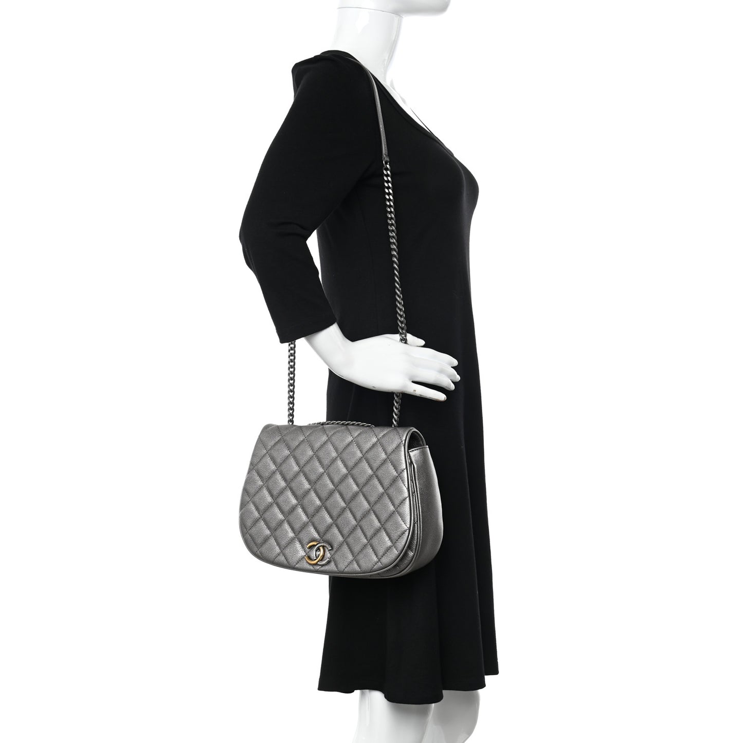 Metallic Calfskin Quilted Casual Pocket Messenger Flap Silver