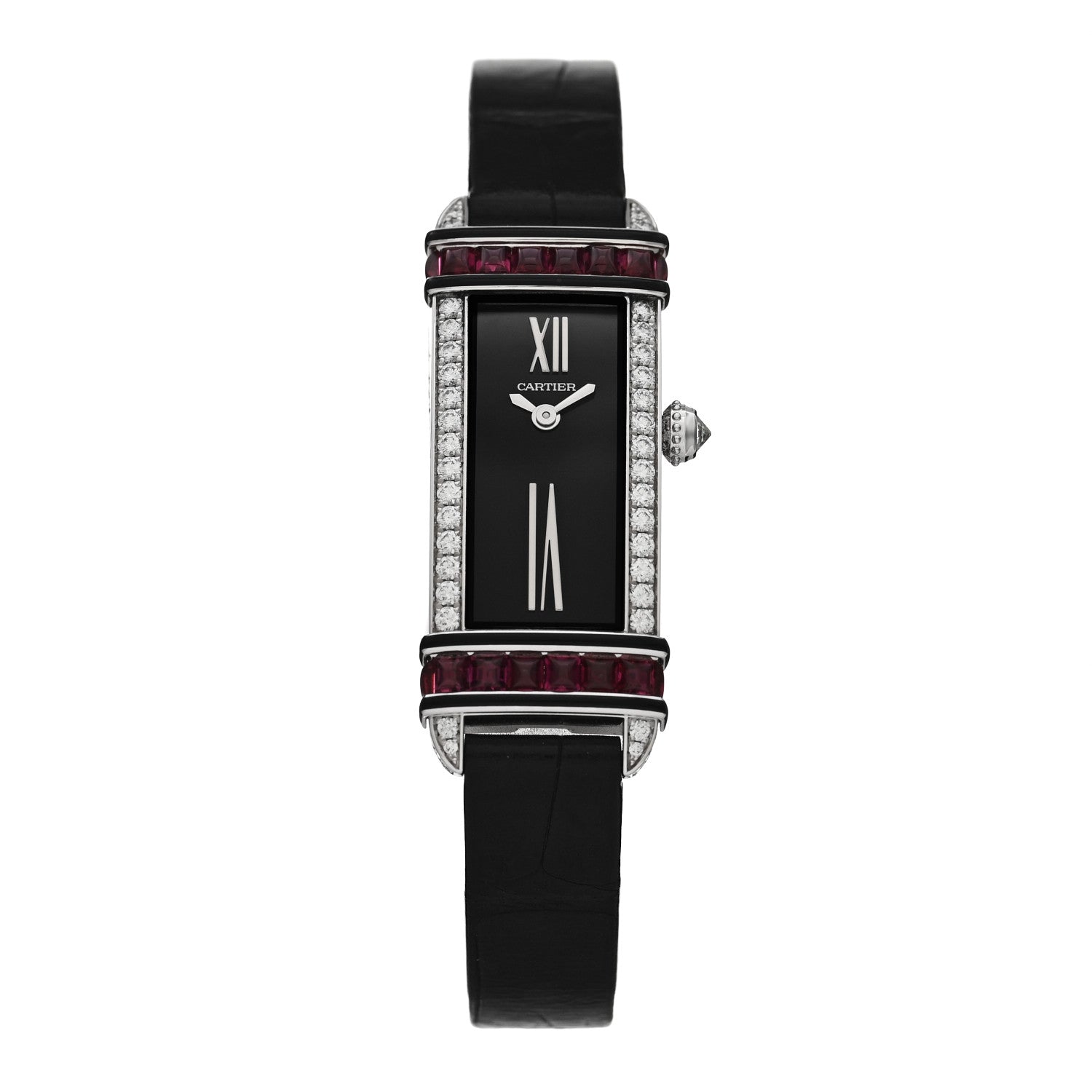 Cartier 18K White Gold Alligator Diamond Ruby 15mm Tank Chinoise Quartz Watch Black 1 of 5