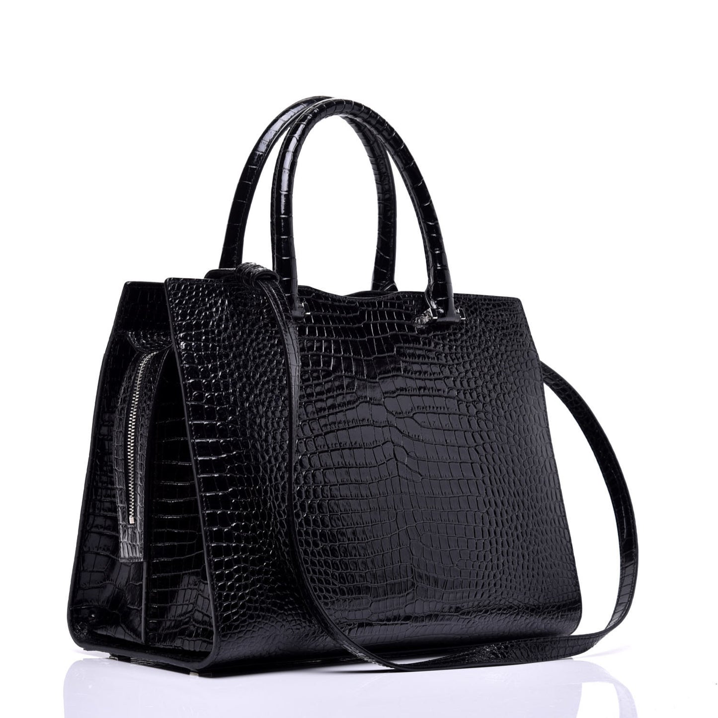 Croc Calfskin Embossed Medium Uptown Tote Black