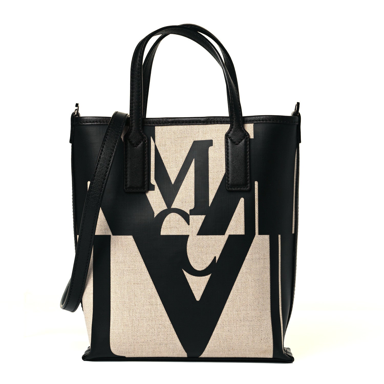 MCM Canvas Glitch Logo Shopper Tote Black White 1 of 10