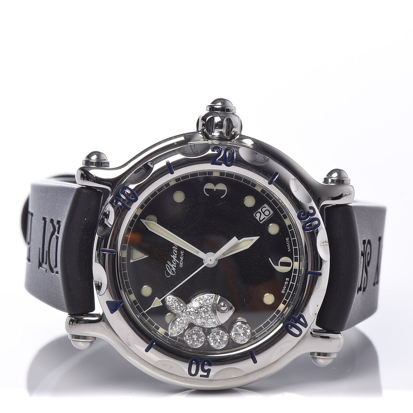 Stainless Steel Rubber Diamond 38mm Happy Sport Fish Quartz Watch Black