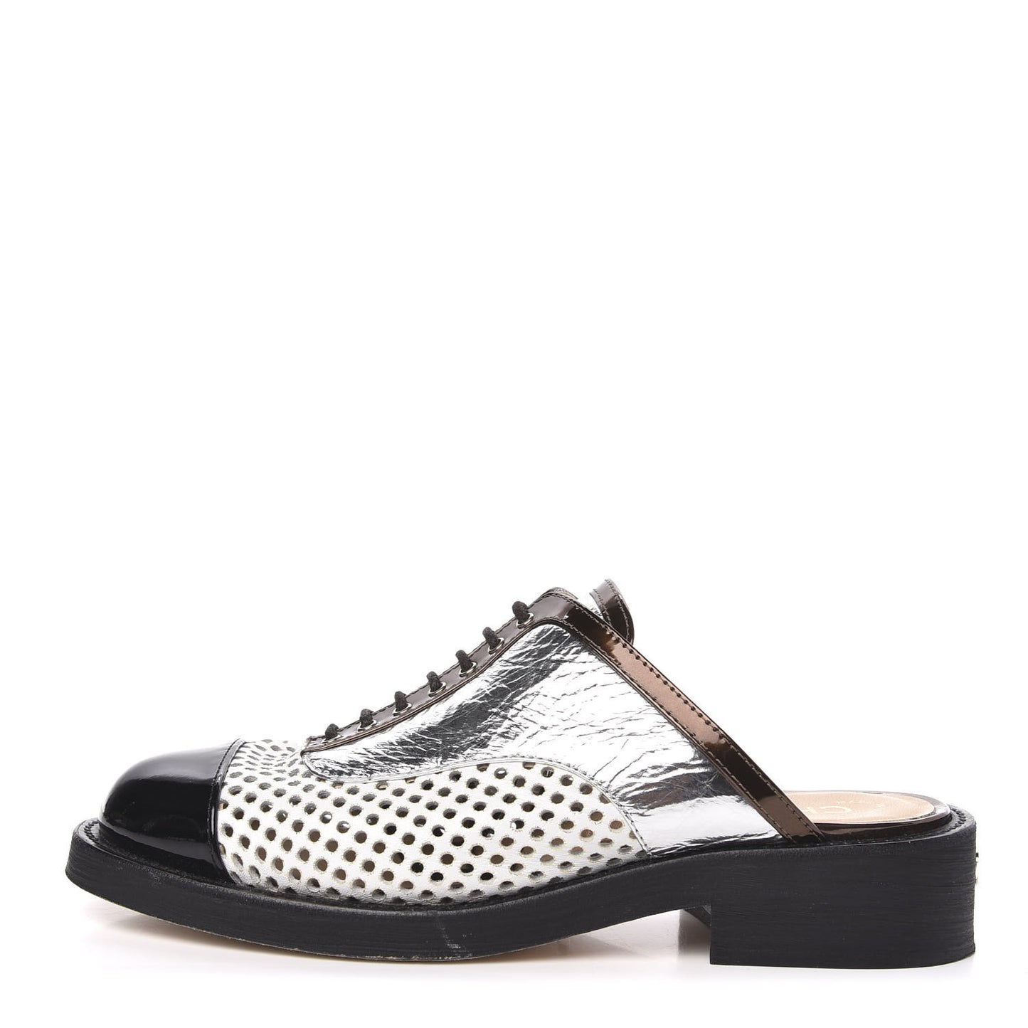 Lambskin Perforated Cap Toe Lace Up Mules 37.5 Silver Black