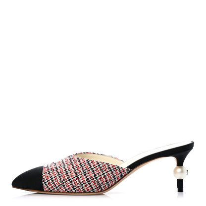 Chanel Tweed Grosgrain Pearl Cap Toe Mules 37 Black Red 1 of 9