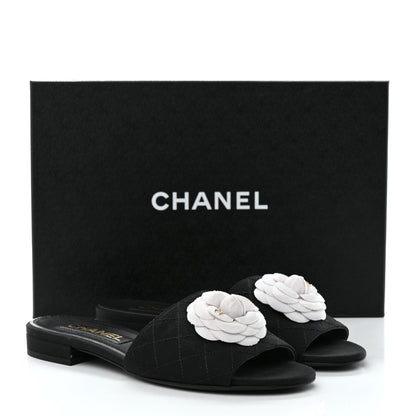 Chanel Grosgrain Quilted Camellia CC Slides 37.5 Black White 9 of 9