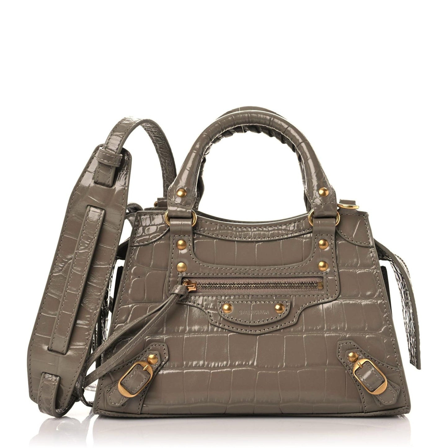 Shiny Supple Calfskin Crocodile Embossed Neo Classic Gold Hardware Mini City Mink Grey