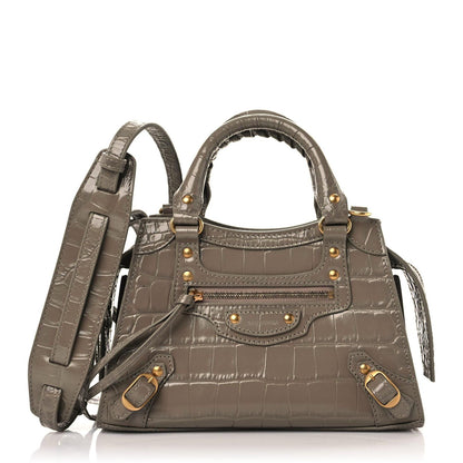 Balenciaga Shiny Supple Calfskin Crocodile Embossed Neo Classic Gold Hardware Mini City Mink Grey 1 of 10