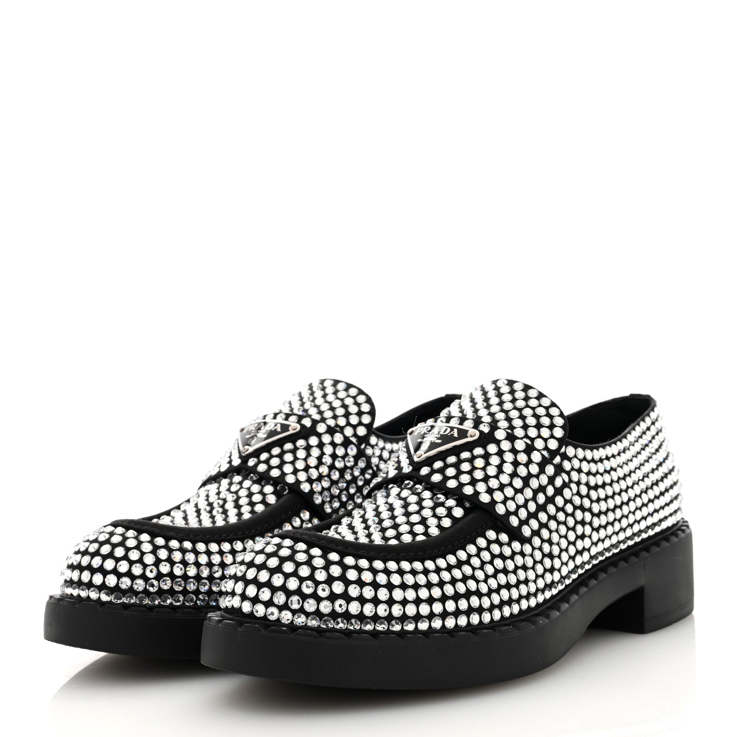 Prada Satin Crystal Metal Triangle Logo 50mm Loafers 37.5 Cristal 2 of 7