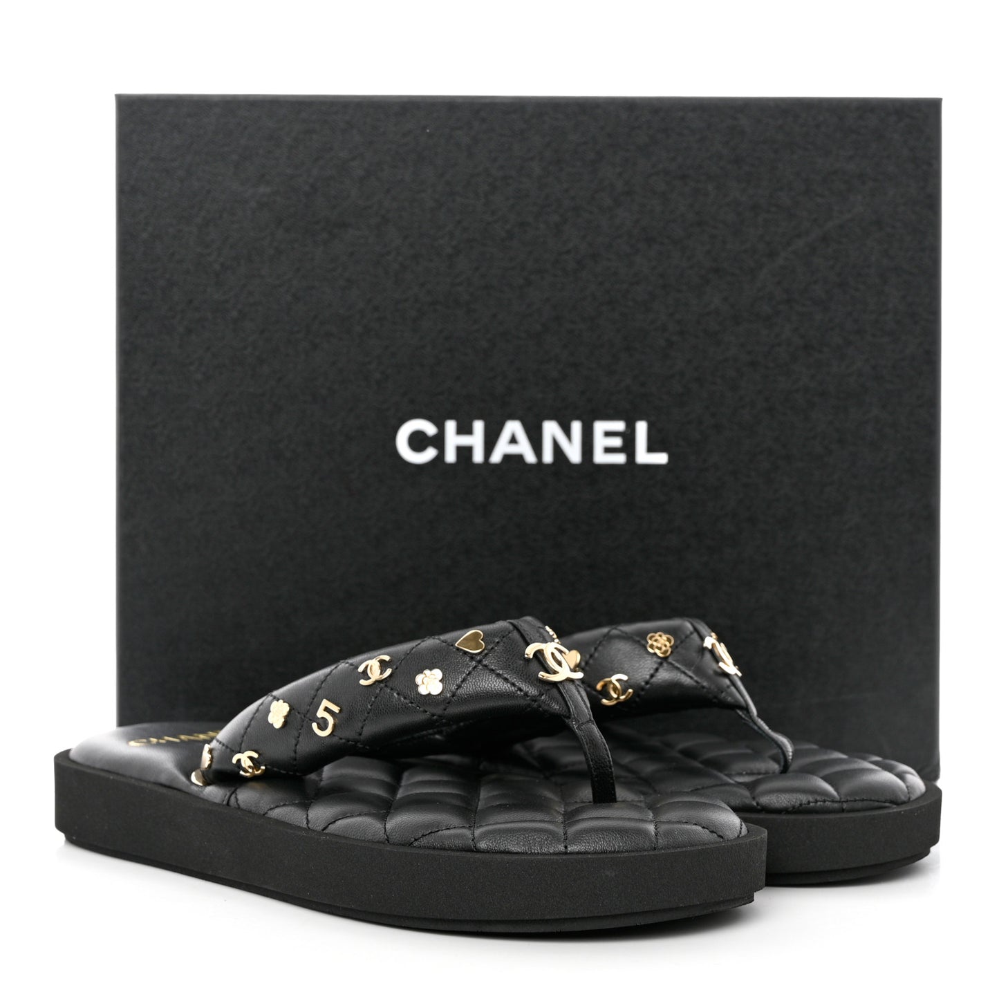 Lambskin Quilted Padded Charms Thong Sandals 38 Black