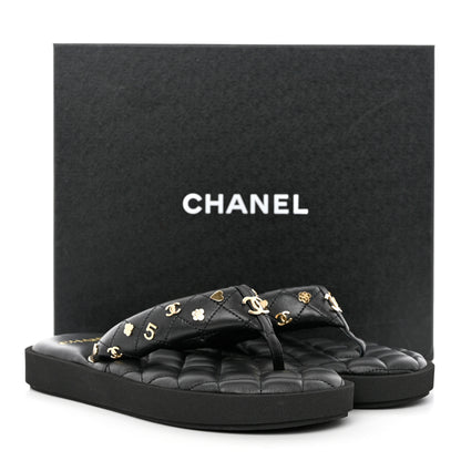 Chanel Lambskin Quilted Padded Charms Thong Sandals 38 Black 8 of 8