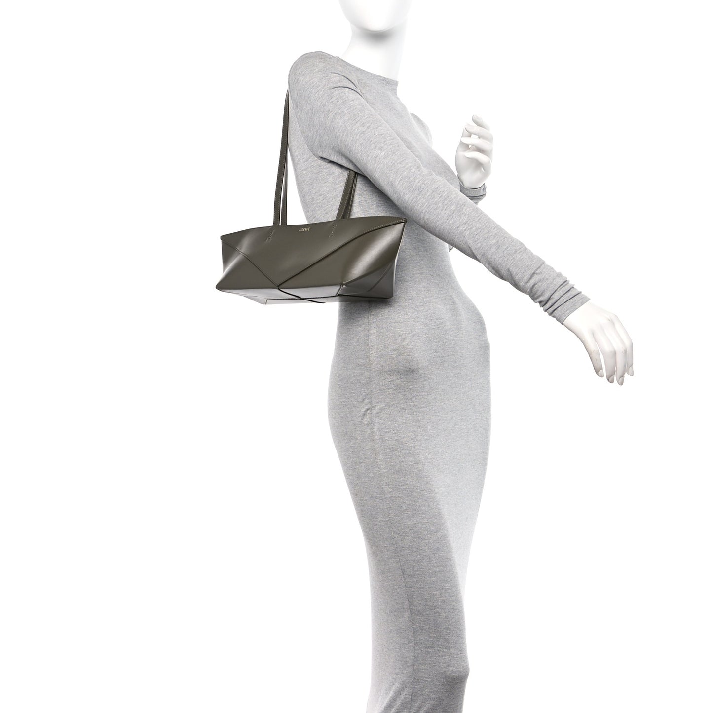Shiny Calfskin Mini Cropped Puzzle Fold Tote Dark Khaki Green
