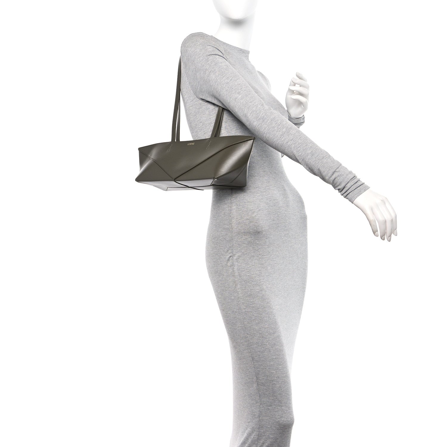 Loewe Shiny Calfskin Mini Cropped Puzzle Fold Tote Dark Khaki Green 2 of 10