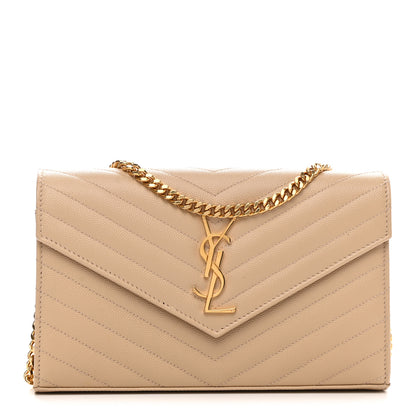 Saint Laurent Grain De Poudre Matelasse Chevron Monogram Chain Wallet Dark Beige 1 of 10