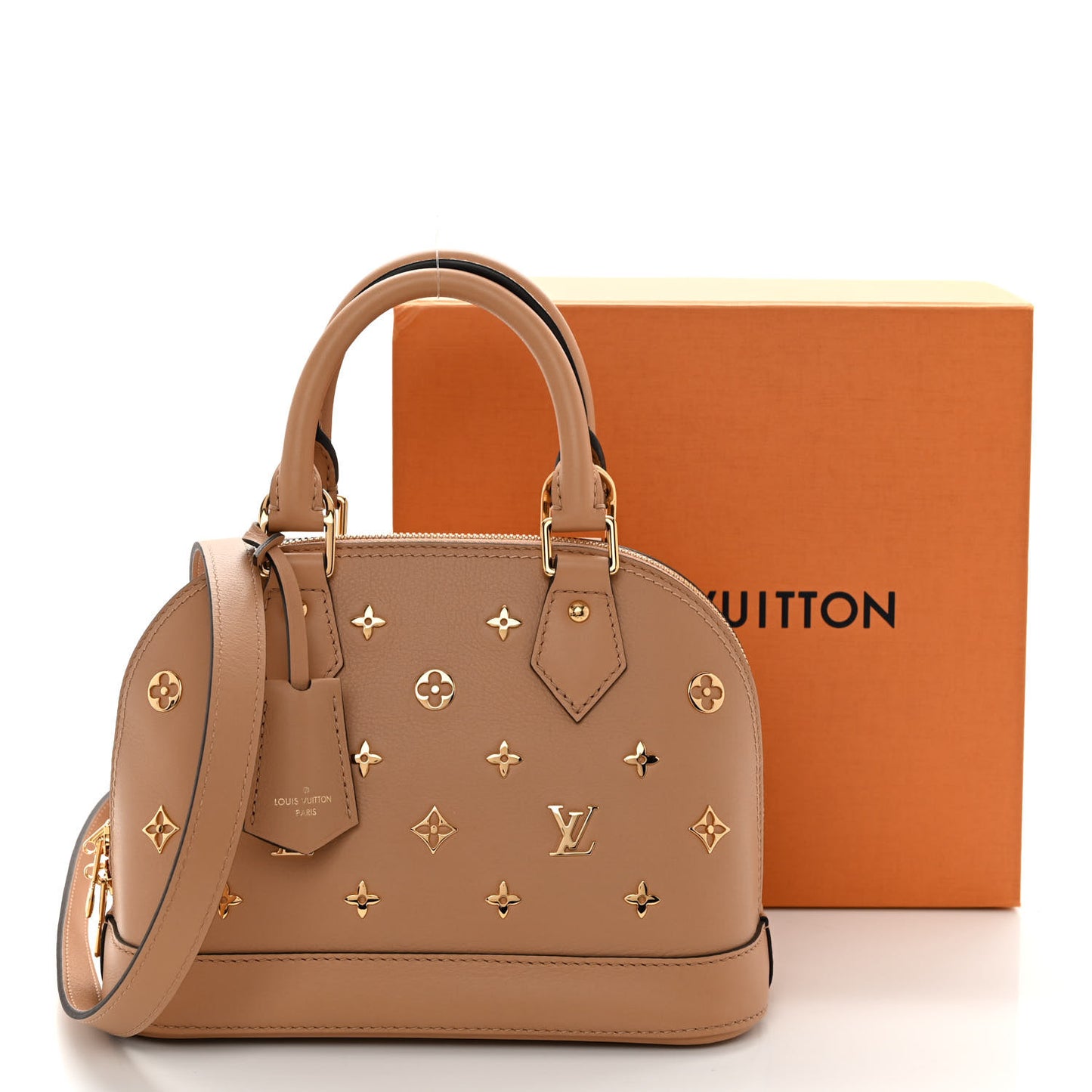 Calfskin Metal Monogram Alma BB Camel Brown