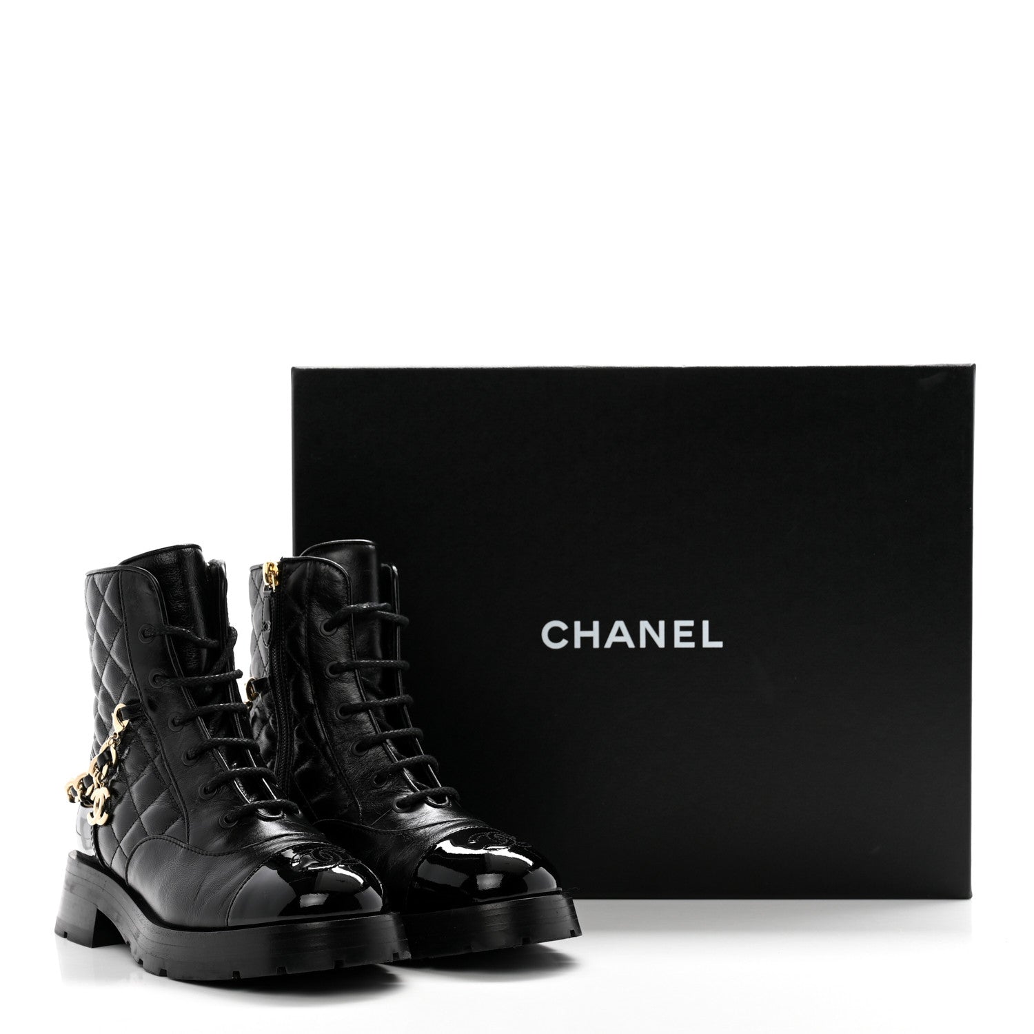 Chanel Shiny Calfskin Patent Quilted Chain Lace Up Combat Boots 36 Black 12 of 12