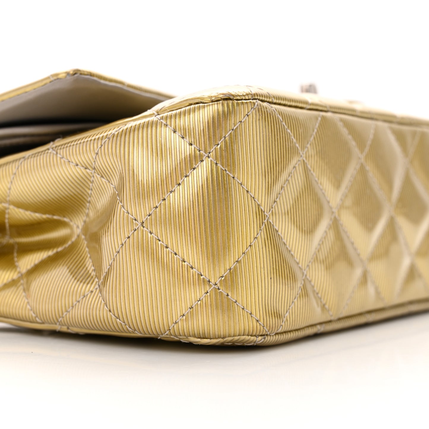 Striated Patent Quilted Medium Double Flap Gold