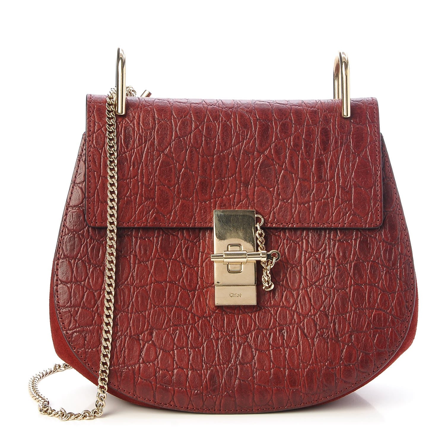 Chloe Calfskin Crocodile Embossed Drew Shoulder Bag Sienna Red 1 of 6