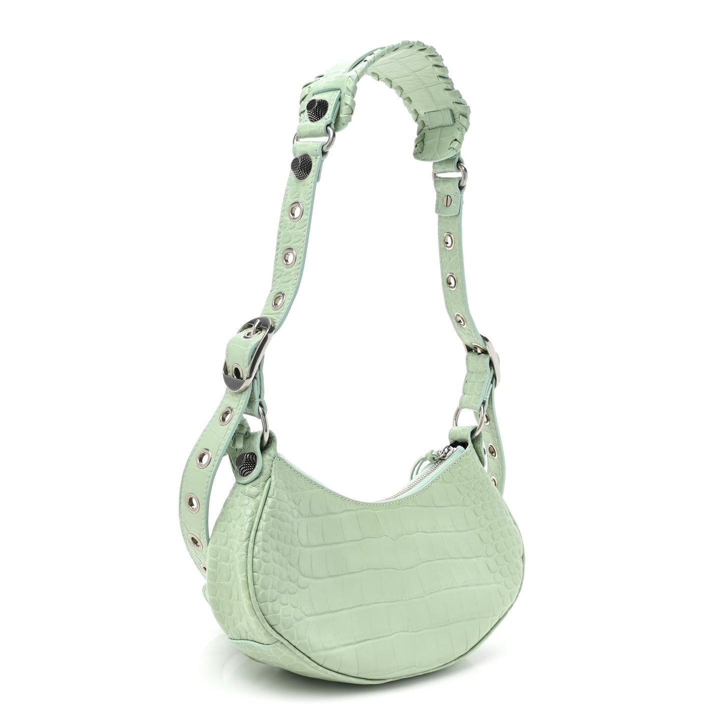 Extra Supple Calfskin Crocodile Embossed Le Cagole Shoulder Bag XS Light Green