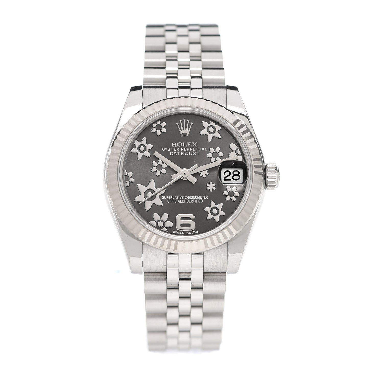 Stainless Steel 18K White Gold 31mm Oyster Perpetual Datejust Watch Dark Rhodium Floral 178274