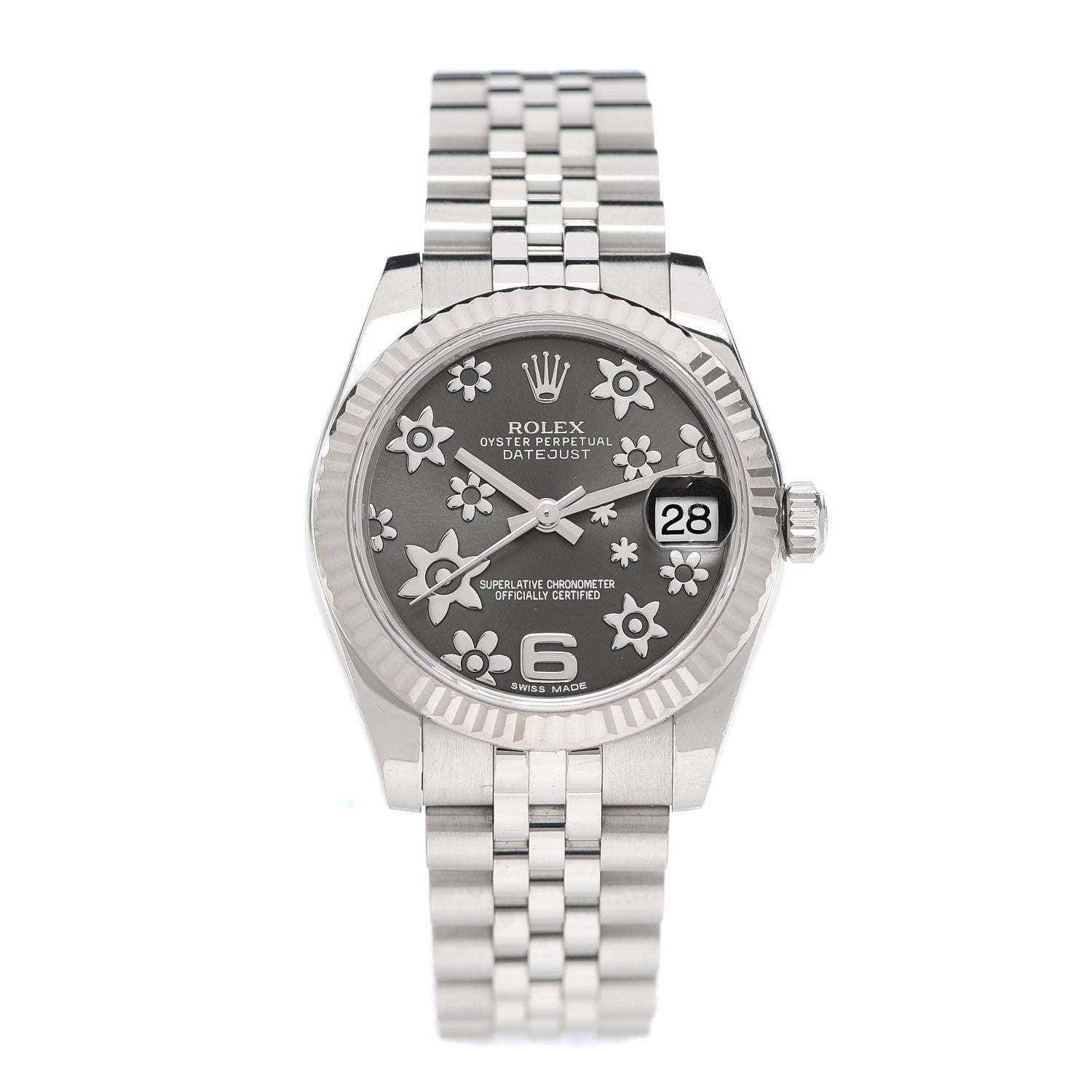 Rolex Stainless Steel 18K White Gold 31mm Oyster Perpetual Datejust Watch Dark Rhodium Floral 178274 1 of 6