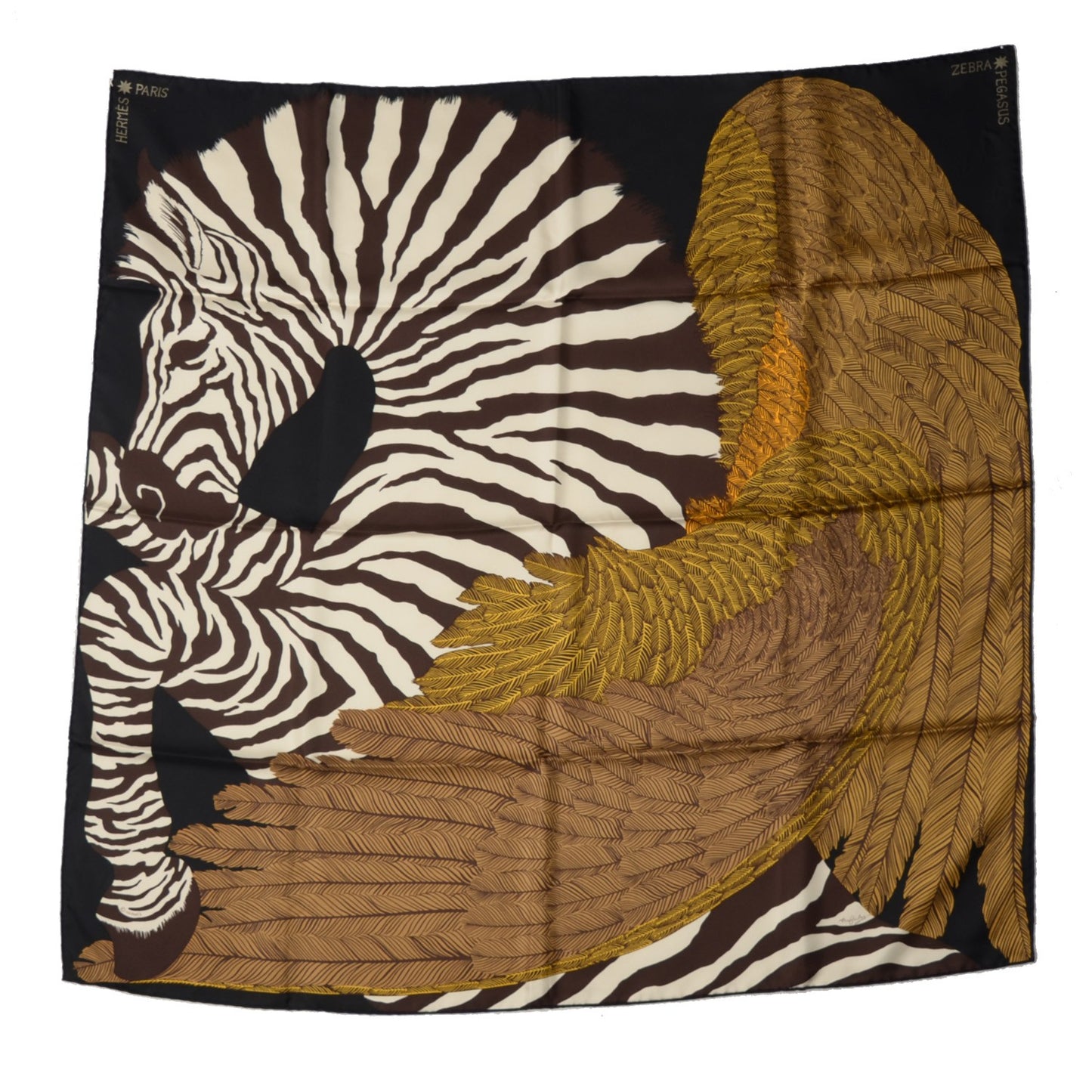 Silk Twill Zebra Pegasus Scarf 90 Noir Bronze Marron