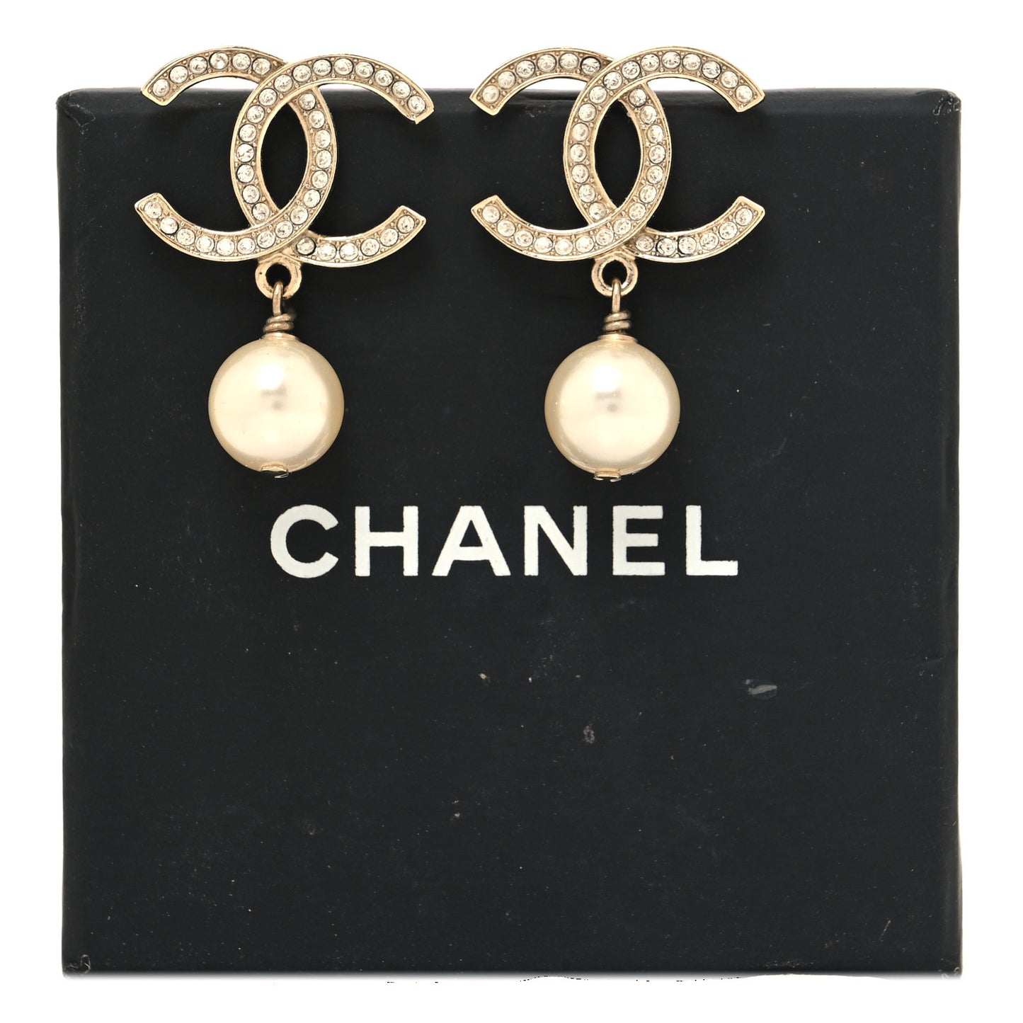 Crystal Pearl CC Treasure Chest Drop Earrings Light Gold